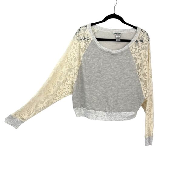 Hard Tail Forever Lace Dolman Sleeve Top Size Medium Gray Ivory Boxy Crop - Picture 2 of 10